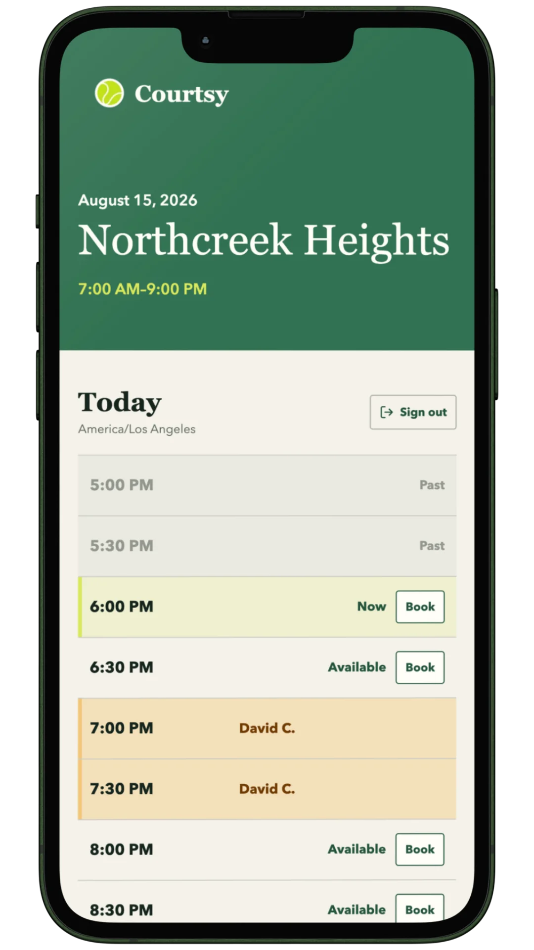 Courtsy mobile schedule showing available, current, and reserved facility times