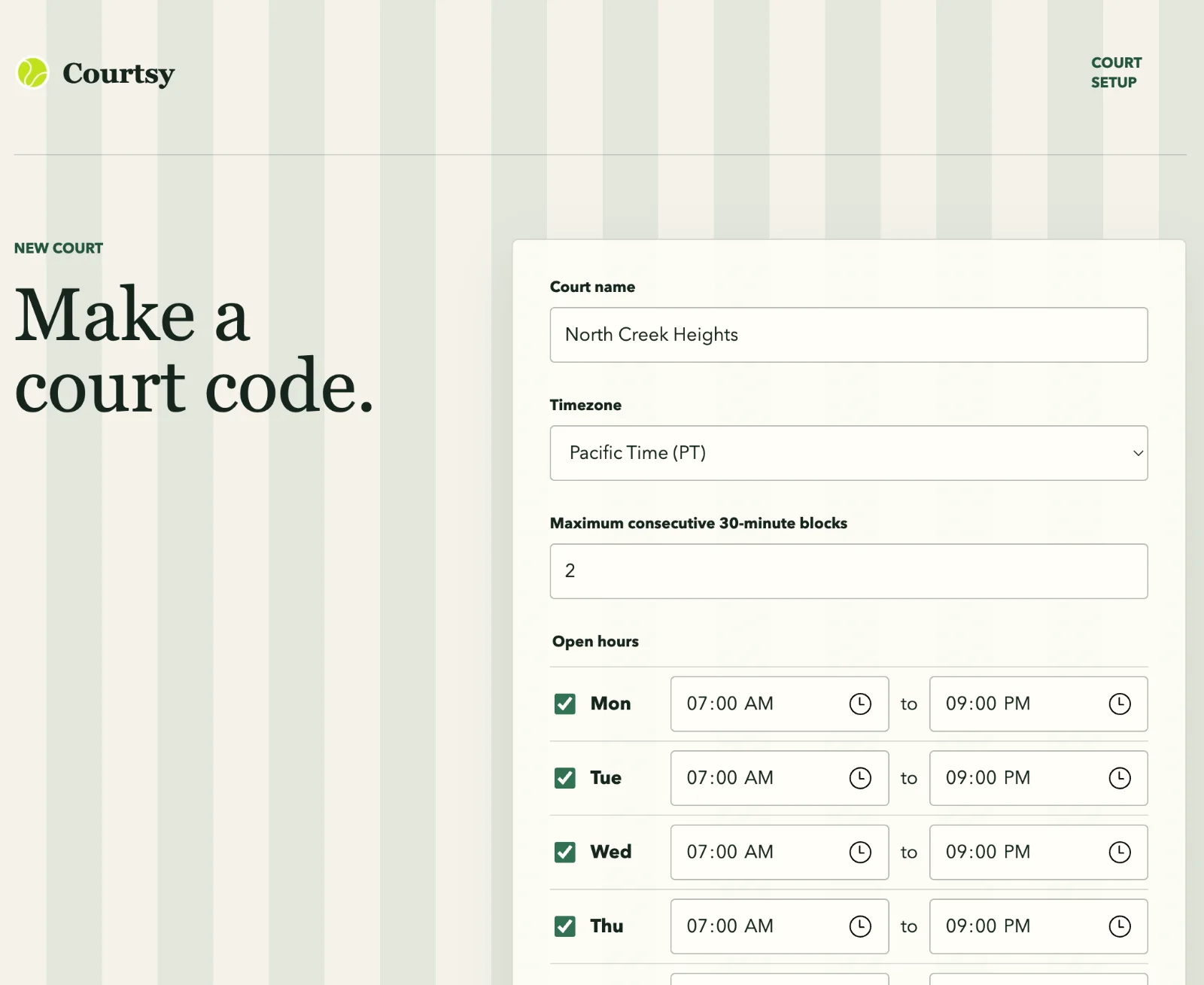 Courtsy facility setup form showing timezone, booking limits, and open hours